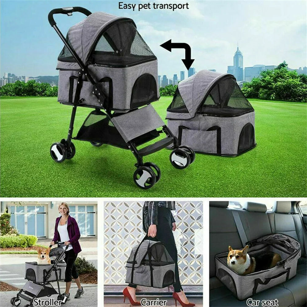 Pet Stroller with Rain Cover - Foldable 4-Wheel Pushchair for Dogs & Cats