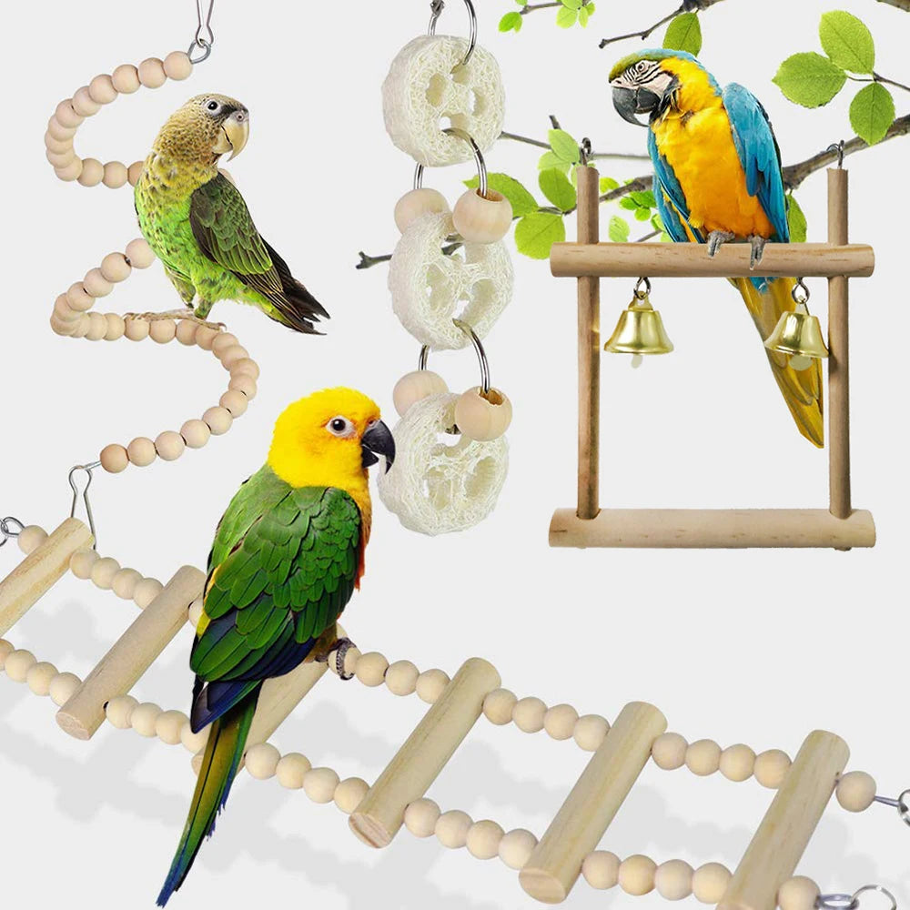 8-Piece Bird Toy Set - Wooden Swing, Chewing & Hanging Toys for Parakeets
