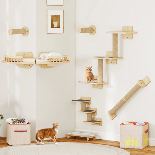 Cat Climbing Wall 7-Piece Set - Wall-Mounted Scratching Posts, Platforms & Stairs
