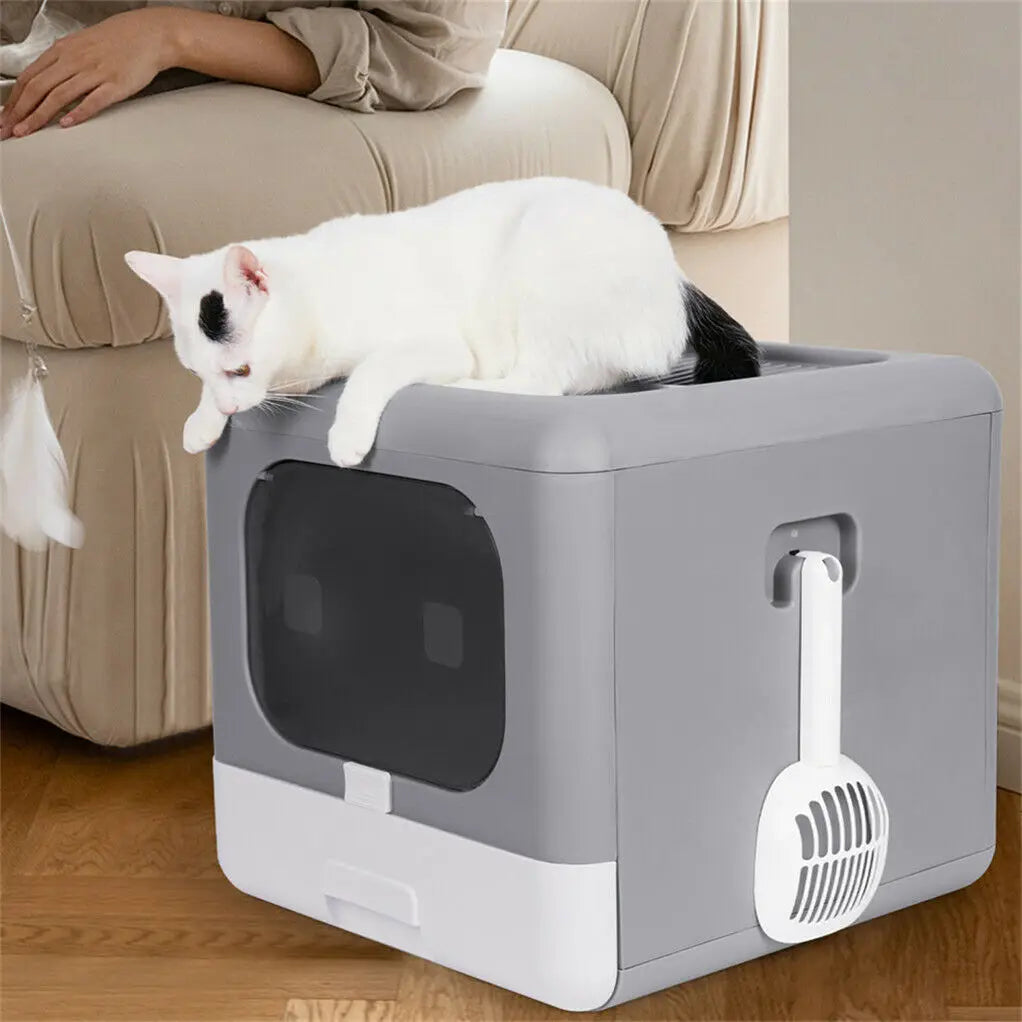 Foldable Enclosed Cat Litter Box – Sifting Tray, Scoop & Front Entry Design