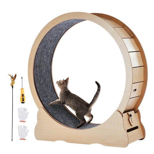 Cat Exercise Wheel - Wooden Running Wheel with Detachable Carpet & Teaser