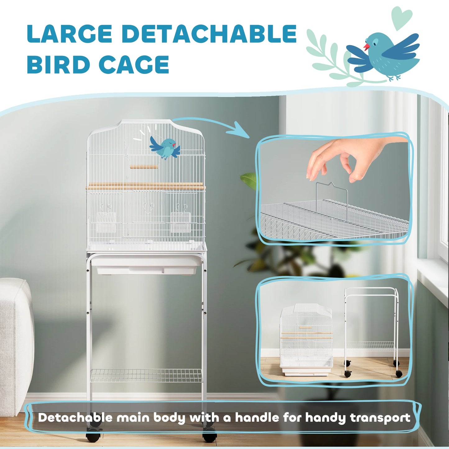 Bird Cage 124cm with Stand - Metal Cage for Budgies, Finches & Parakeets