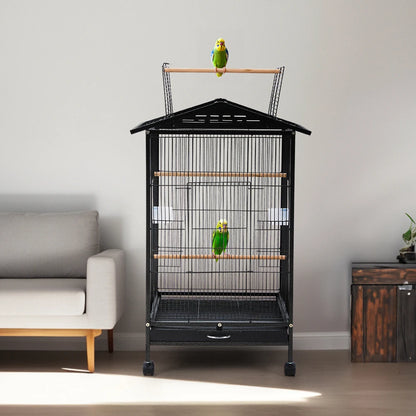 Bird Cage 86cm with Wheels - Open Play Top Metal Cage for Parrots