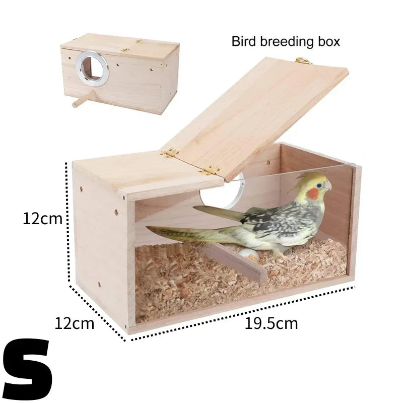 Transparent Bird Nesting Box - Wooden Breeding House for Parakeets & Cockatiels