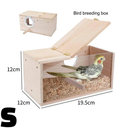Transparent Bird Nesting Box - Wooden Breeding House for Parakeets & Cockatiels