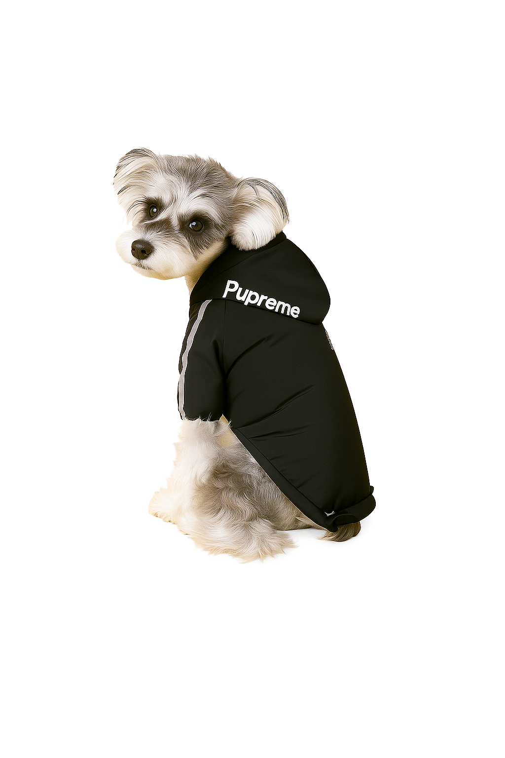 Dog wearing a black hoodie with 'Pupreme' branding on a white background